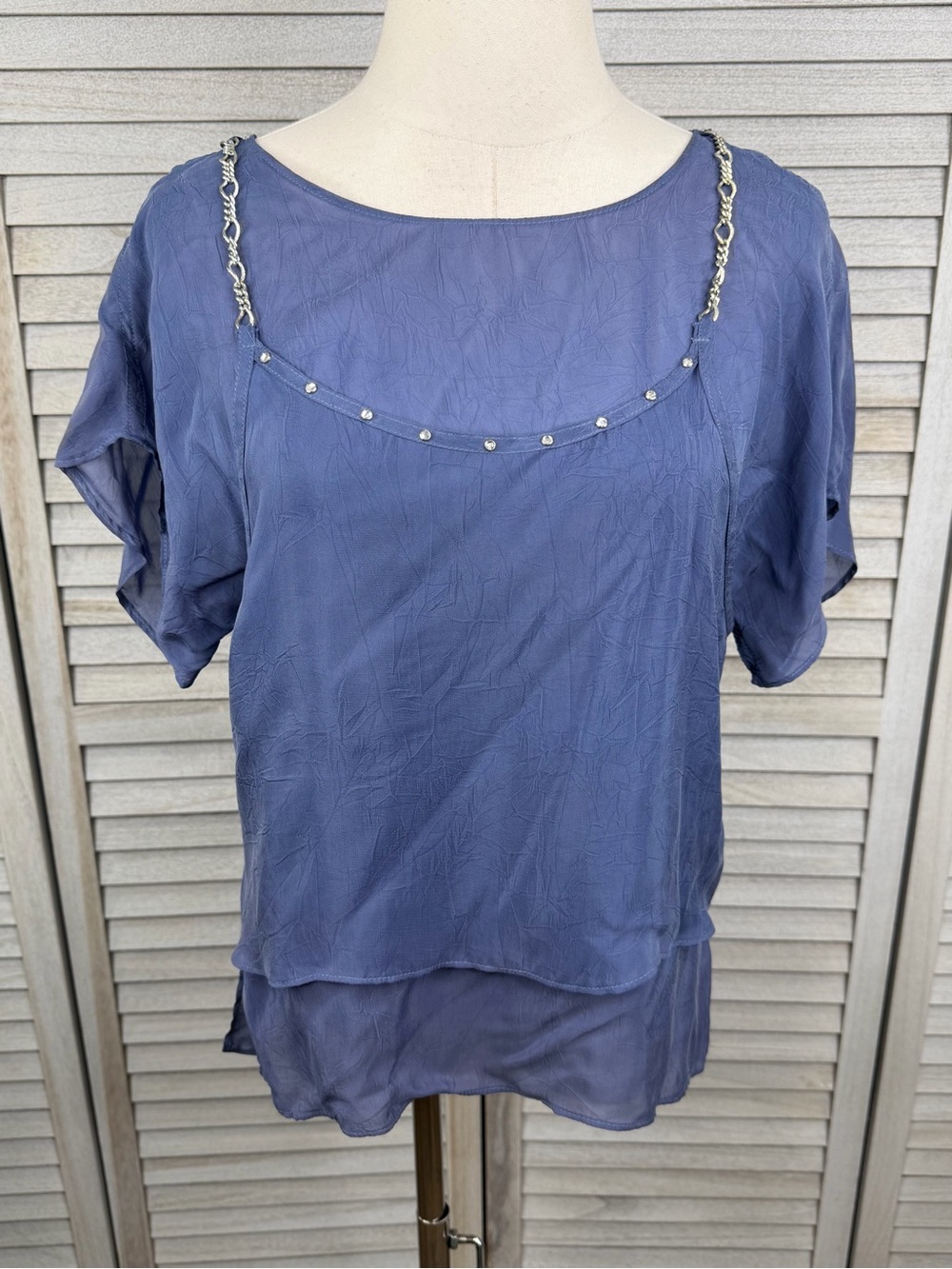 DOROTHY SCHOELLEN Vintage 80's-90's Sheer  Layered Blue Top w Chain & Gems-S/M